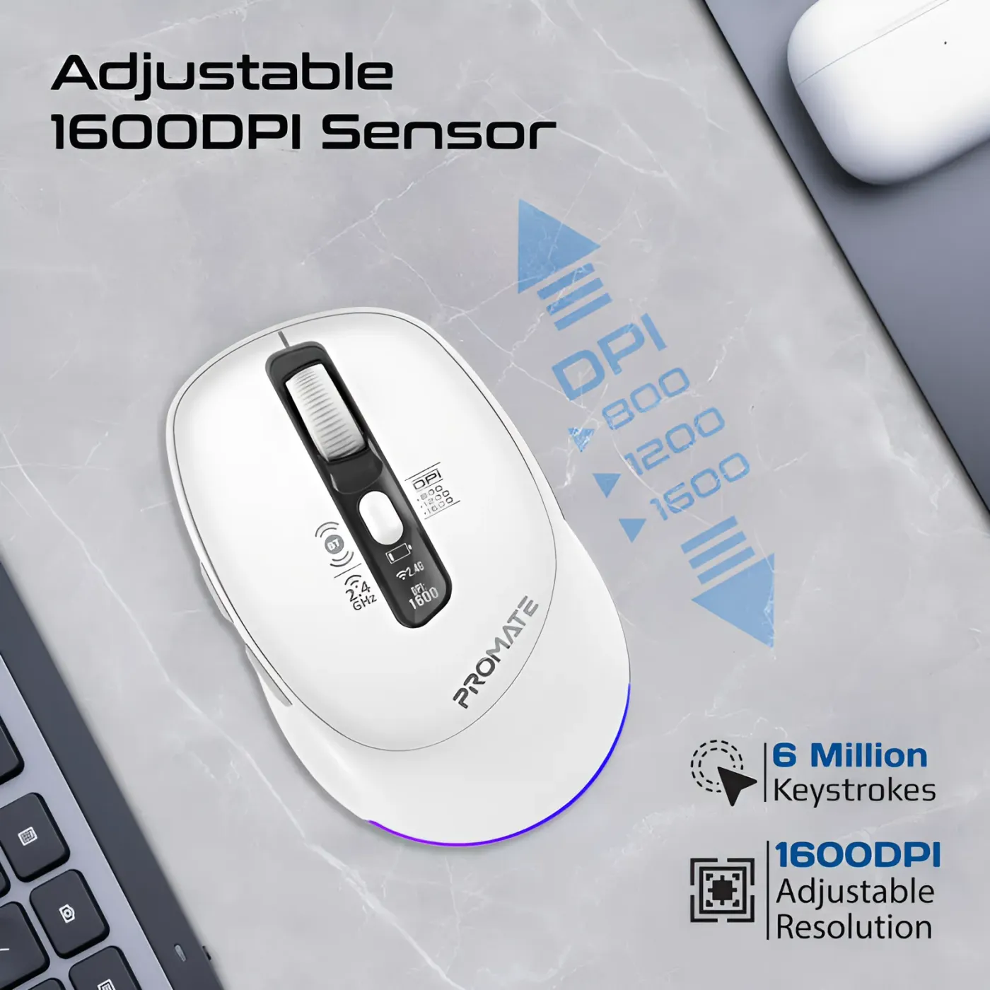 Device-switch control on the white Promate BLIX-3M mouse