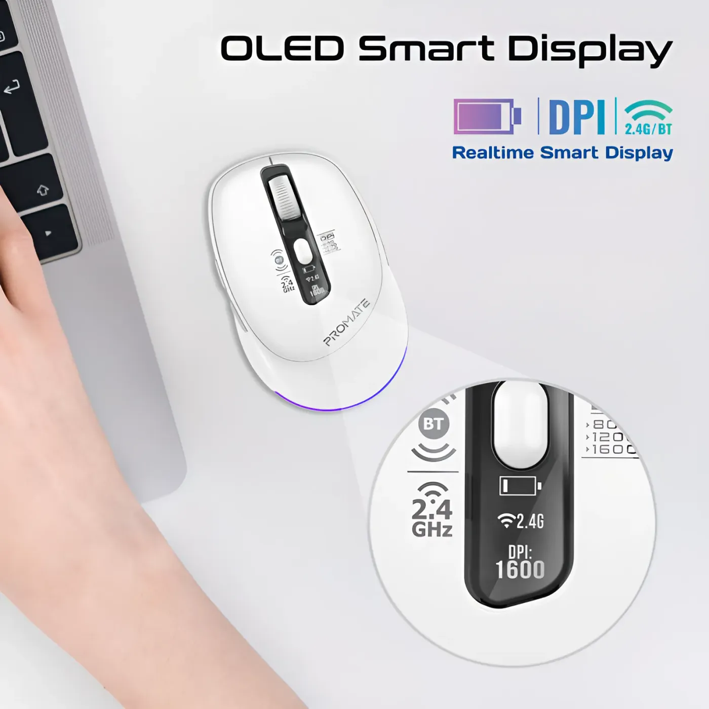 OLED status display on the white Promate BLIX-3M mouse