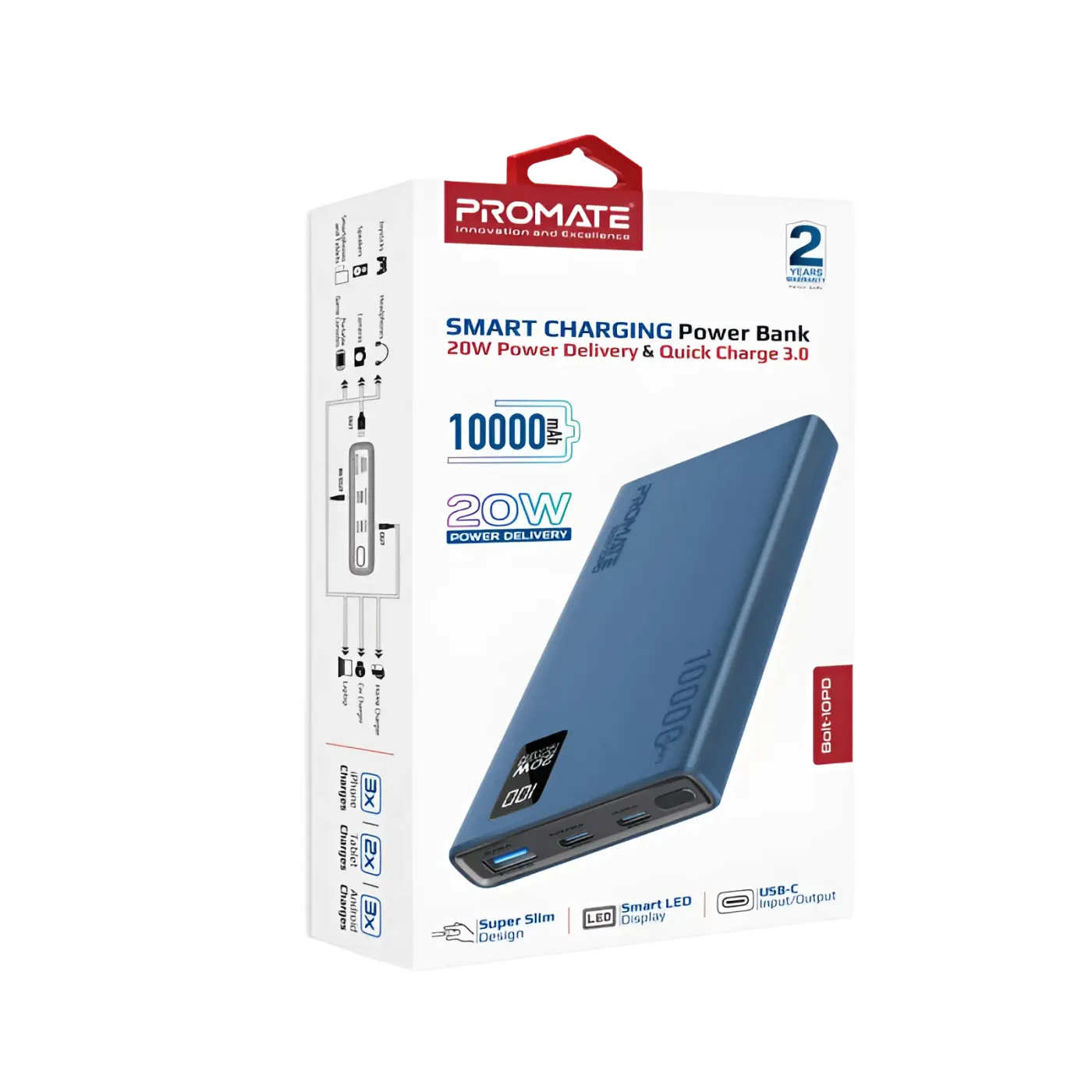 USB-C port on the blue Promate BOLT-10PD portable charger