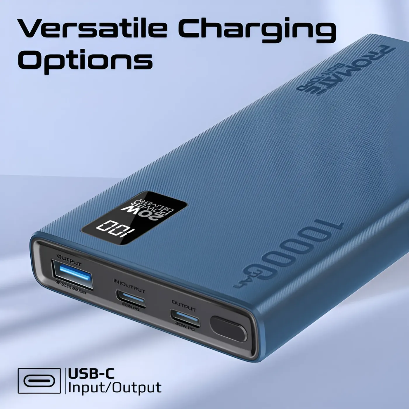 Blue Promate BOLT-10PD recharging through its USB-C input port
