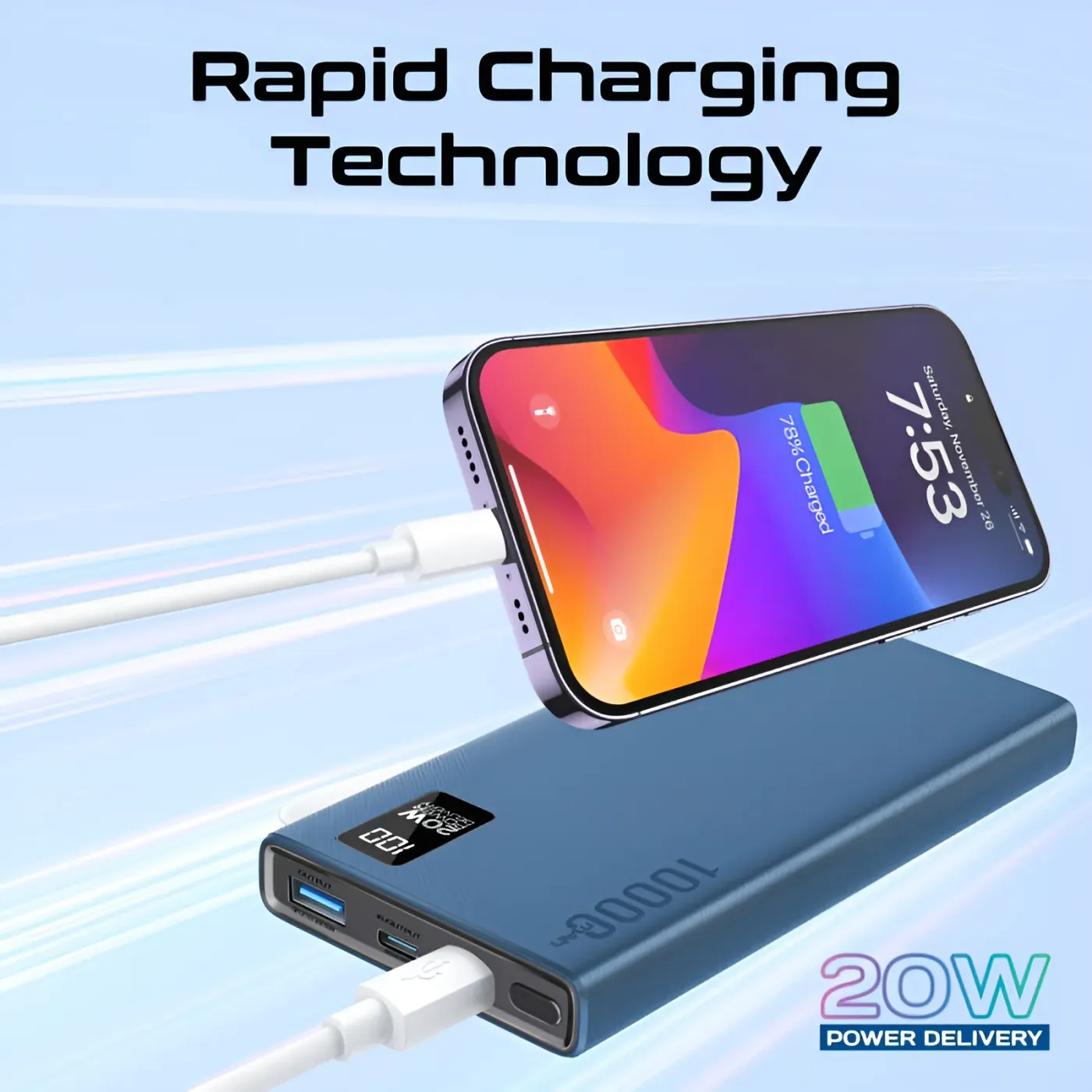 Blue Promate BOLT-10PD portable charger in use on a desk