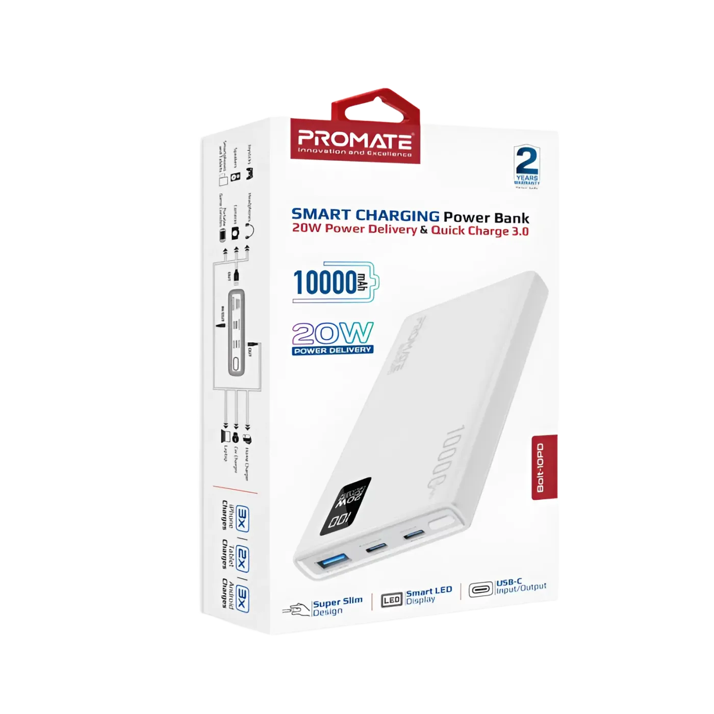 USB-C port on the white Promate BOLT-10PD portable charger