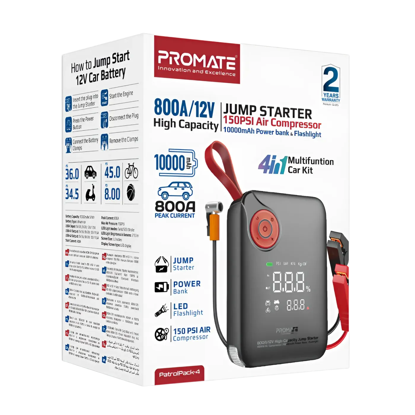 Jump starter clamps connected for an 800A peak-current start