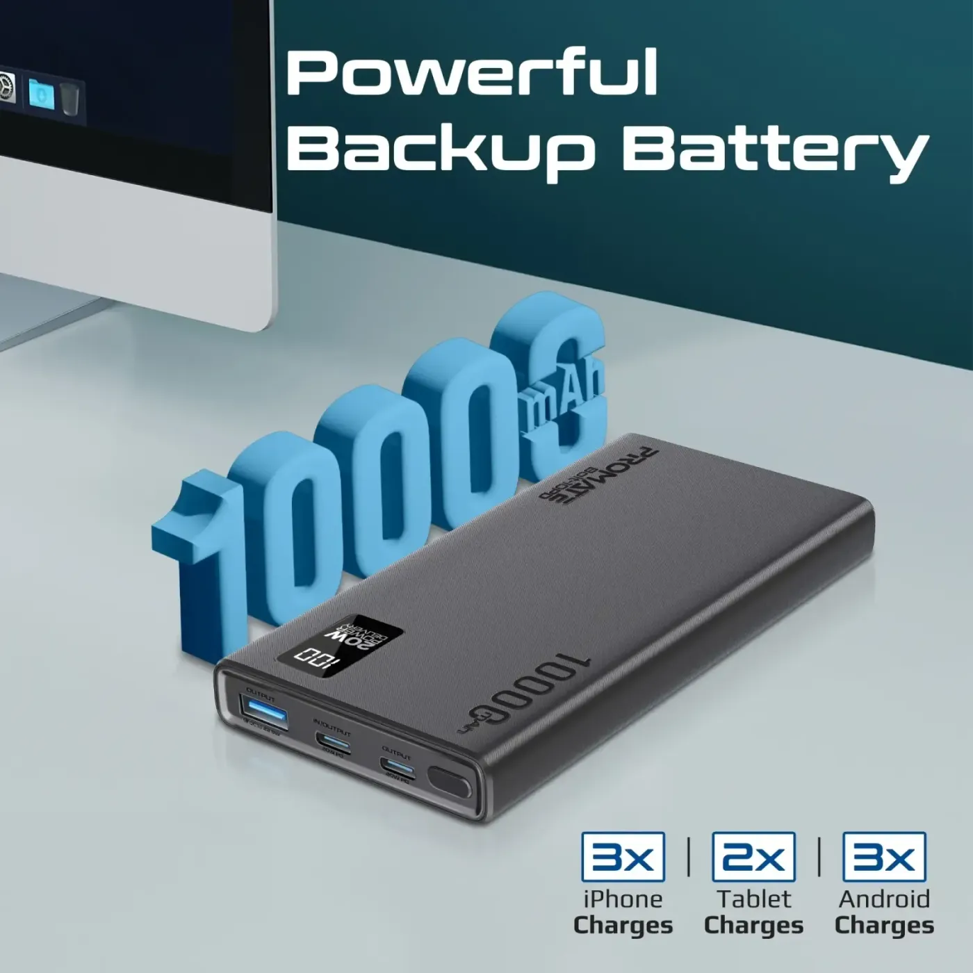 Promate Bolt-10PD 10000mAh ultra-slim power bank in black, shown front on
