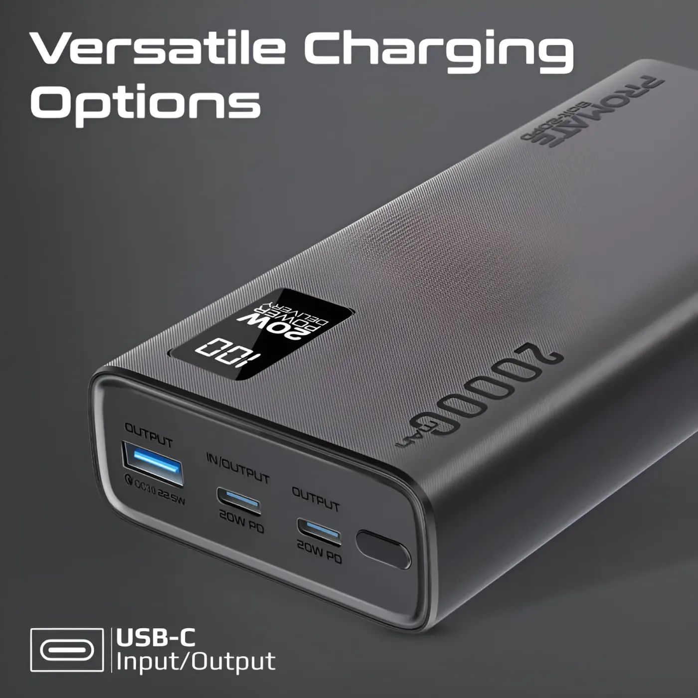 Promate BOLT-20PD being recharged through its USB-C input port