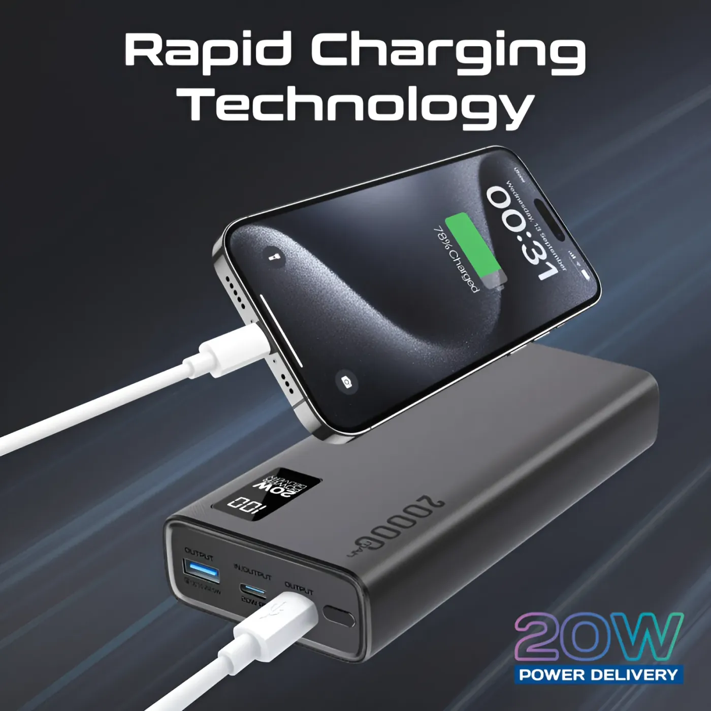 Promate BOLT-20PD power bank charging safely on a desk