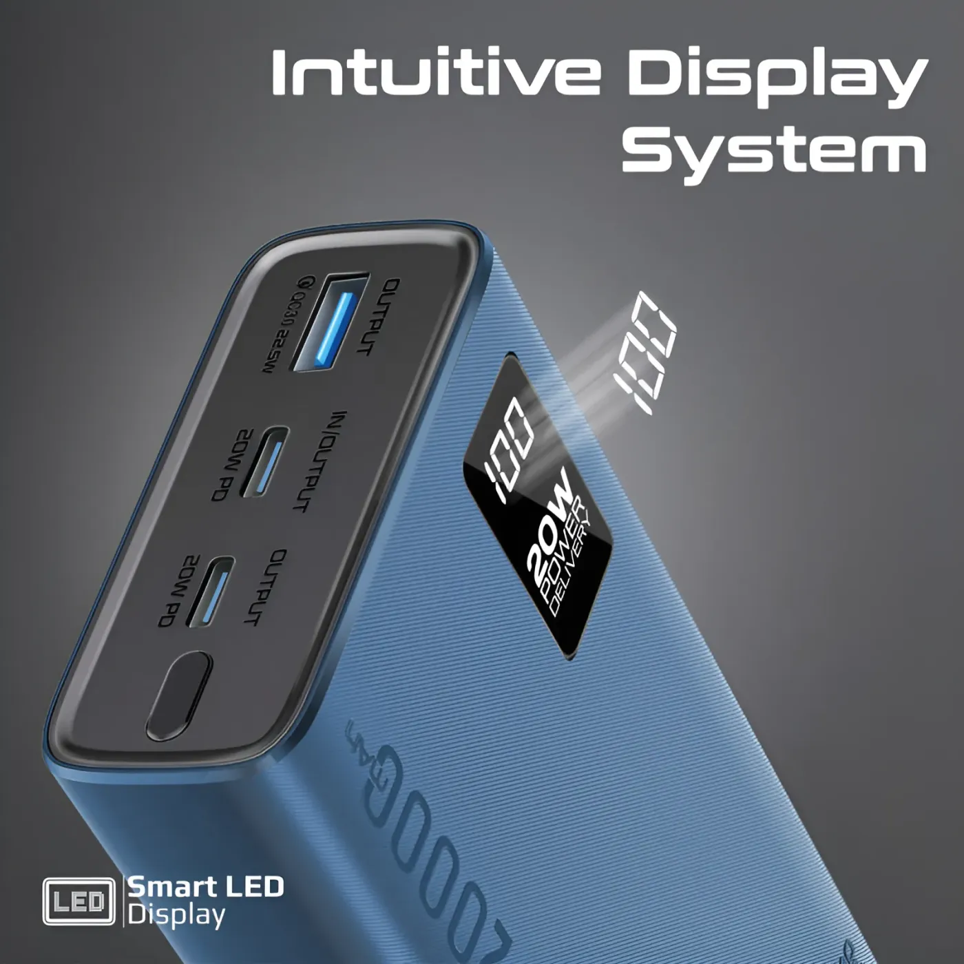 Blue Promate BOLT-20PD power bank charging on a desk