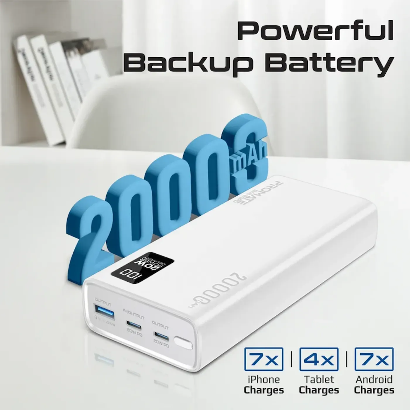 Promate Bolt-20PD 20000mAh power bank in white standing upright