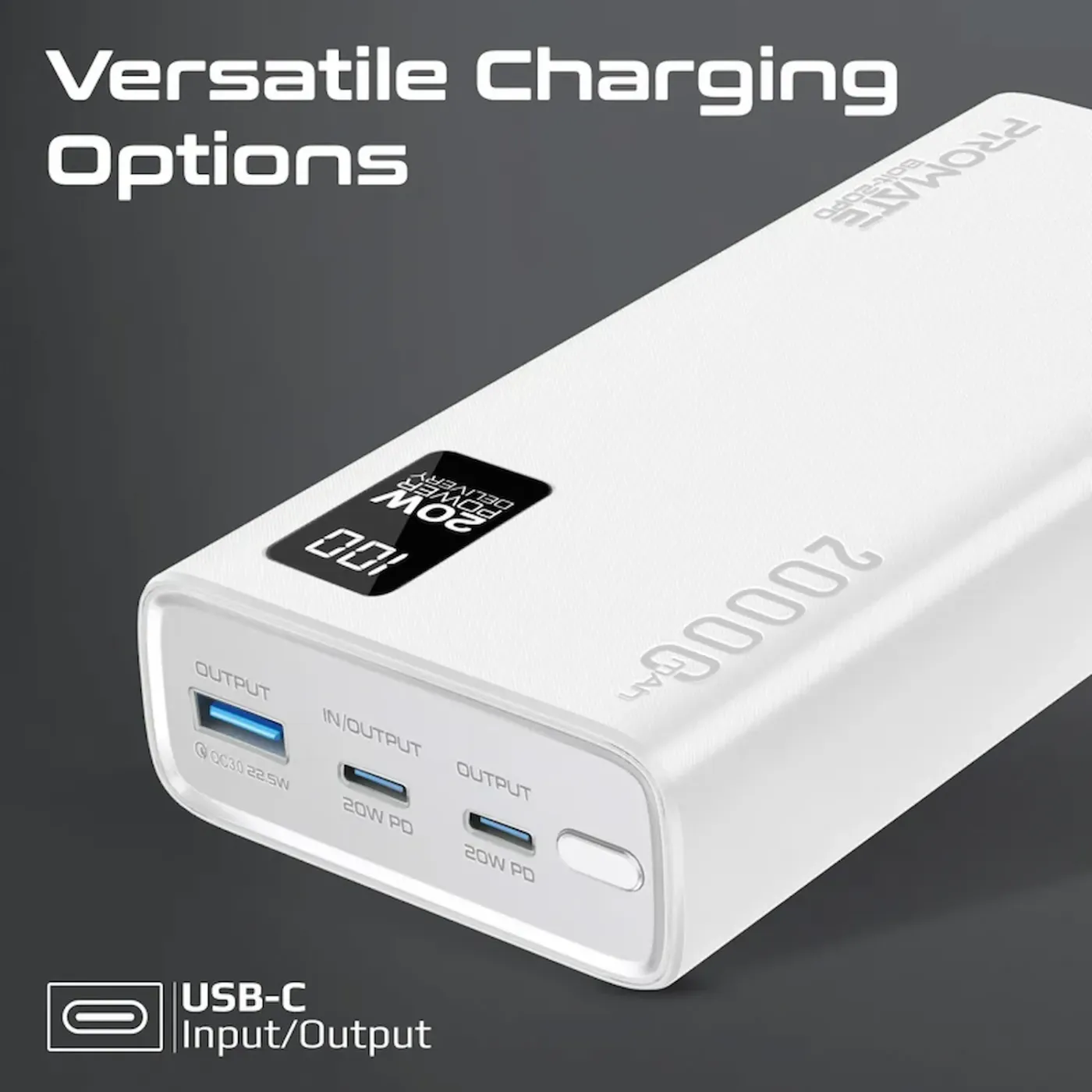 Close-up of the USB-C and USB-A ports on the Promate Bolt-20PD power bank
