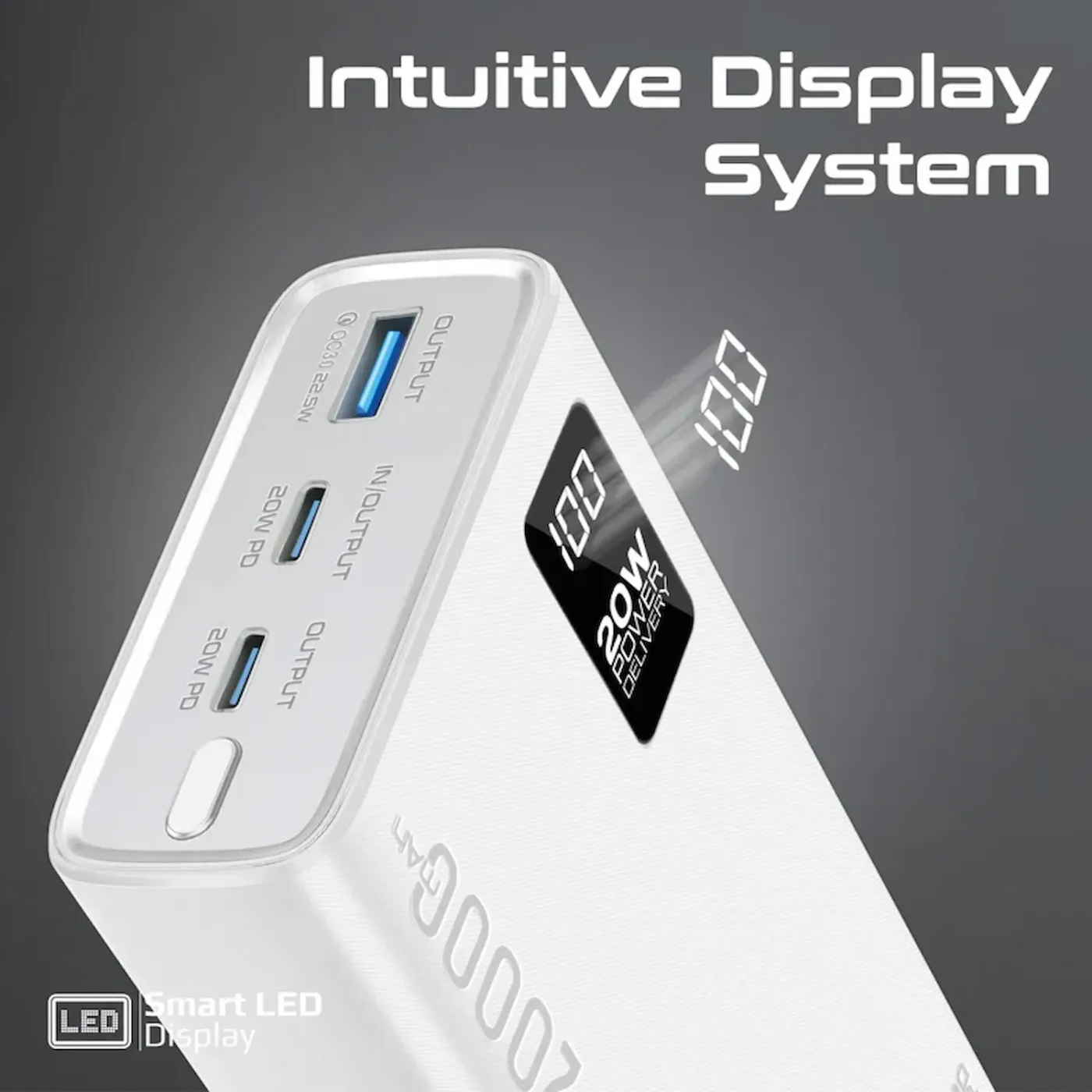 Smart LCD display on the Promate Bolt-20PD showing charge percentage