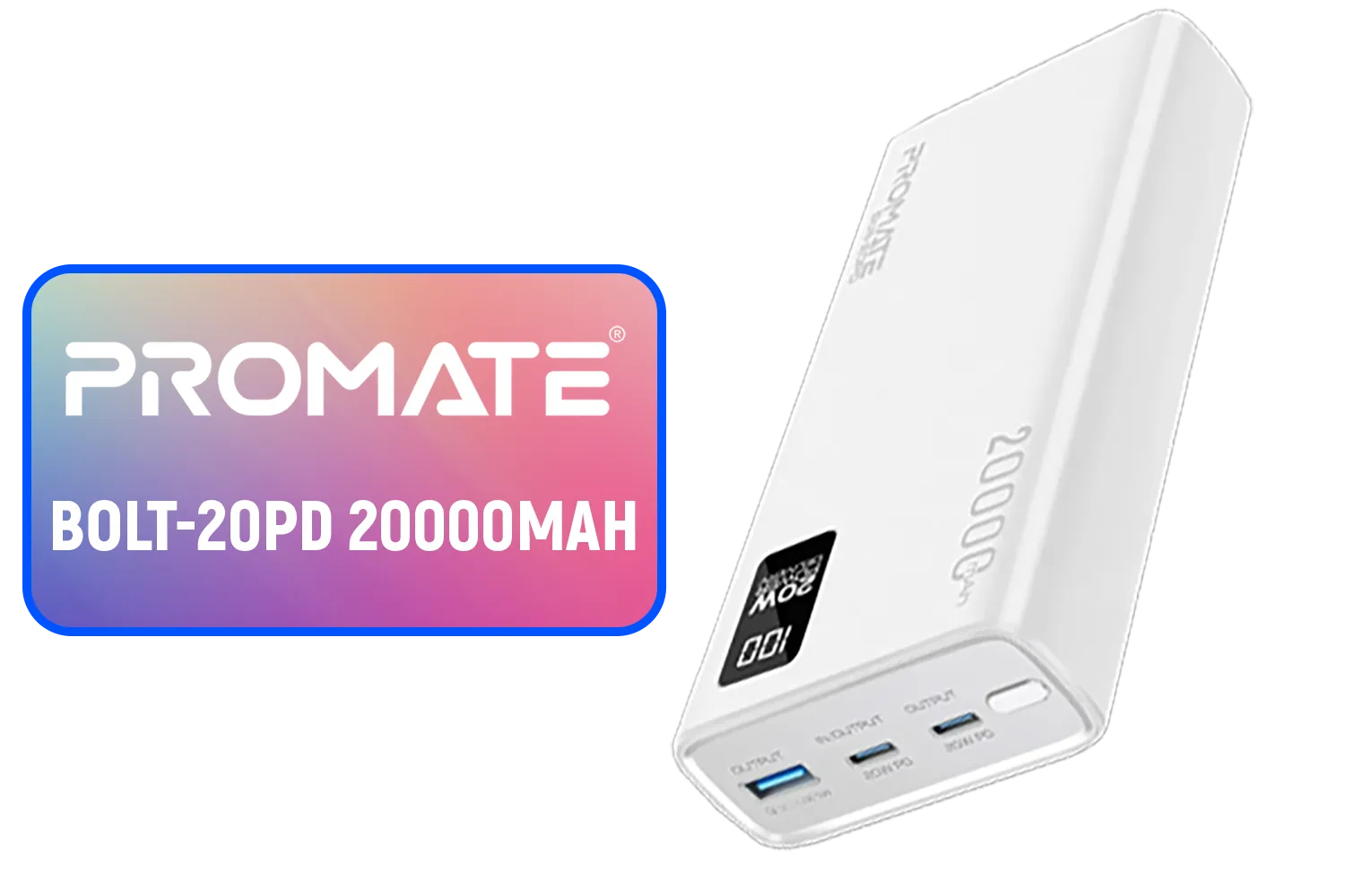 Promate Bolt-20PD Compact Smart Charging Power Bank - White / 20000mAh Li-Polymer Battery / Rapid Charging Capabilities / LCD Battery Display / Three Intelligent USB Ports / Bolt-20PD.White