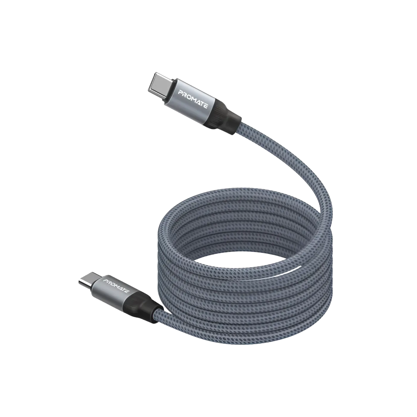 Promate Springy magnetic USB-C cable in grey coiled by its own magnets