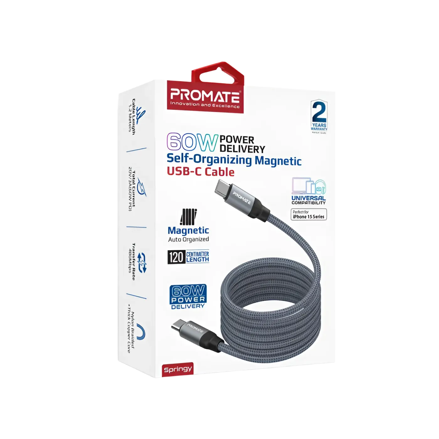 Springy cable charging a laptop over USB-C Power Delivery