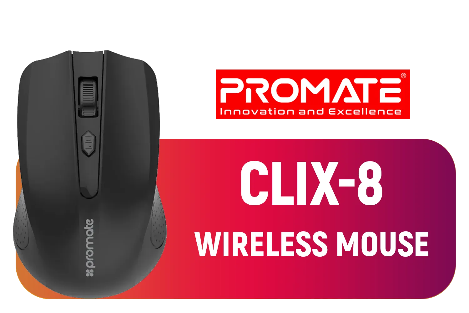 Promate Clix-8 2.4GHz Wireless Ergonomic Optical Mouse / 800, 1200, 1600 DPI / Working Range of up to 10 meters / Mac OS & Windows OS Compatible / Clix-8