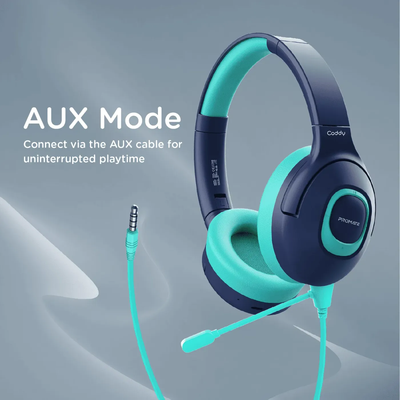 Front perspective of the Coddy headphones showing the on-head control buttons