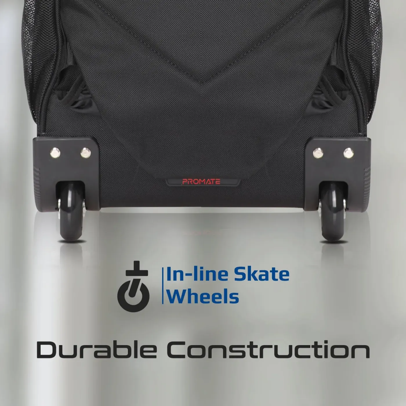 In-line skate wheels fitted to the base of the Compact-TR trolley bag
