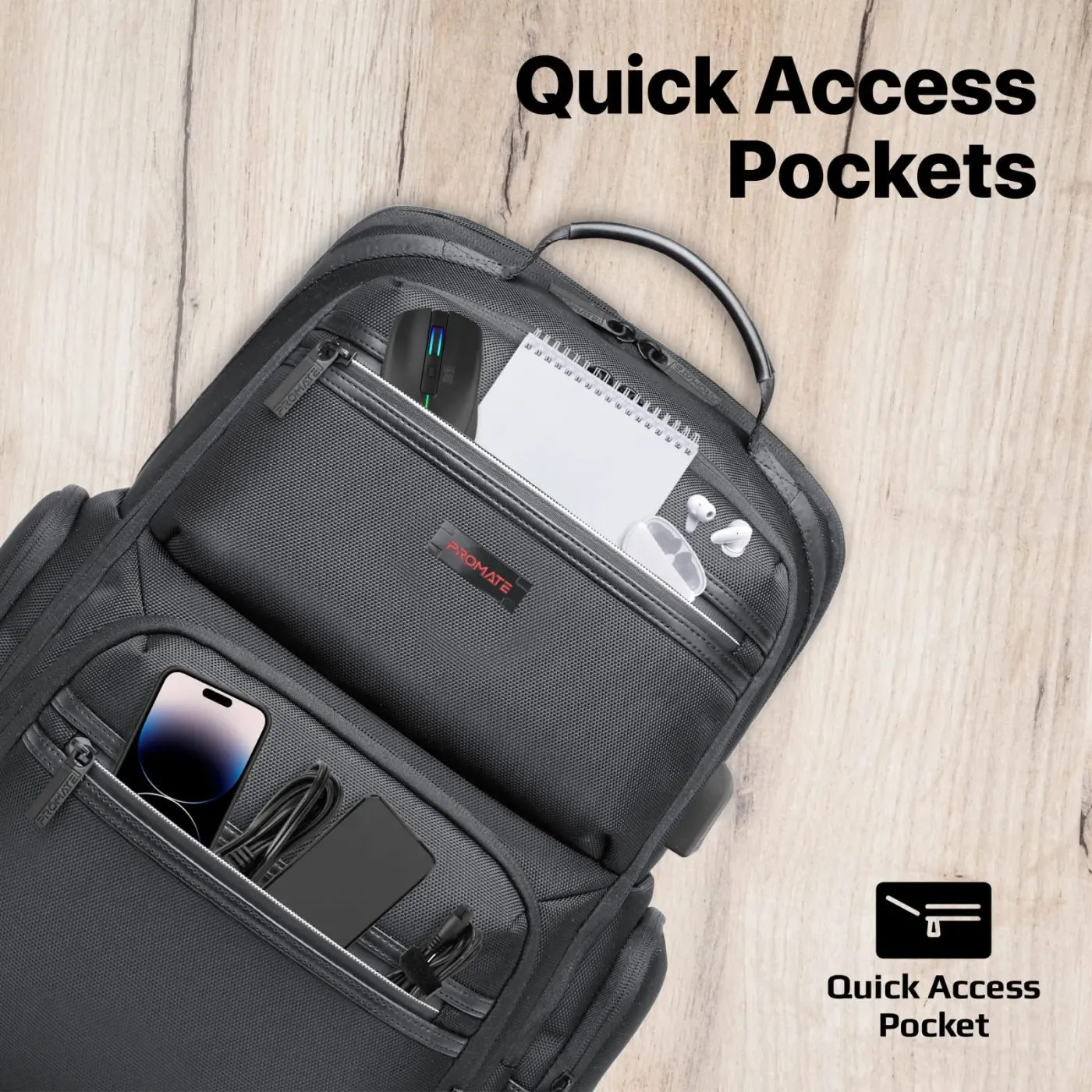 Zip pulls and professional styling on the Promate ElitePack-Pro backpack