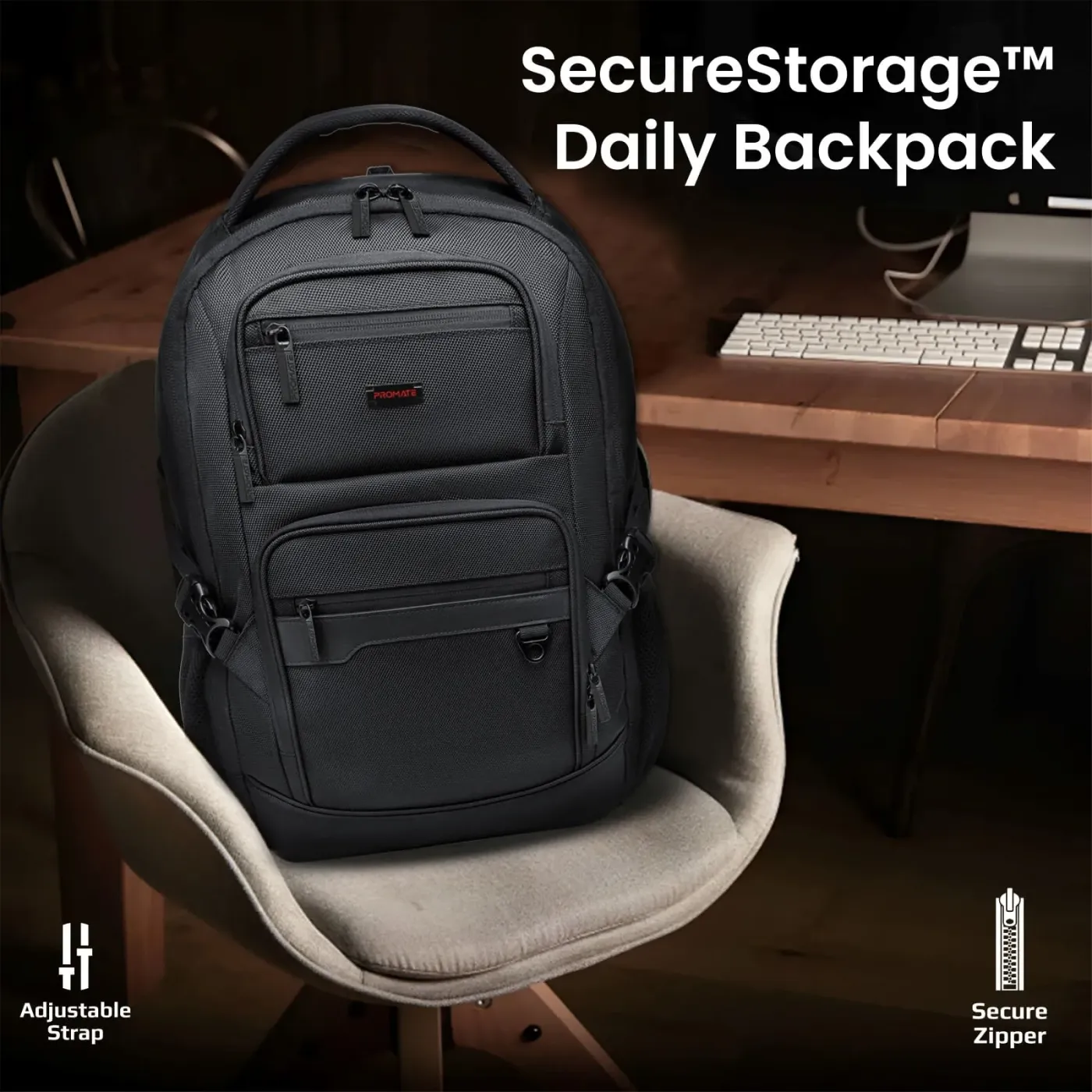 Promate ElitePack-Lite 15.6-inch premium laptop backpack shown from the front
