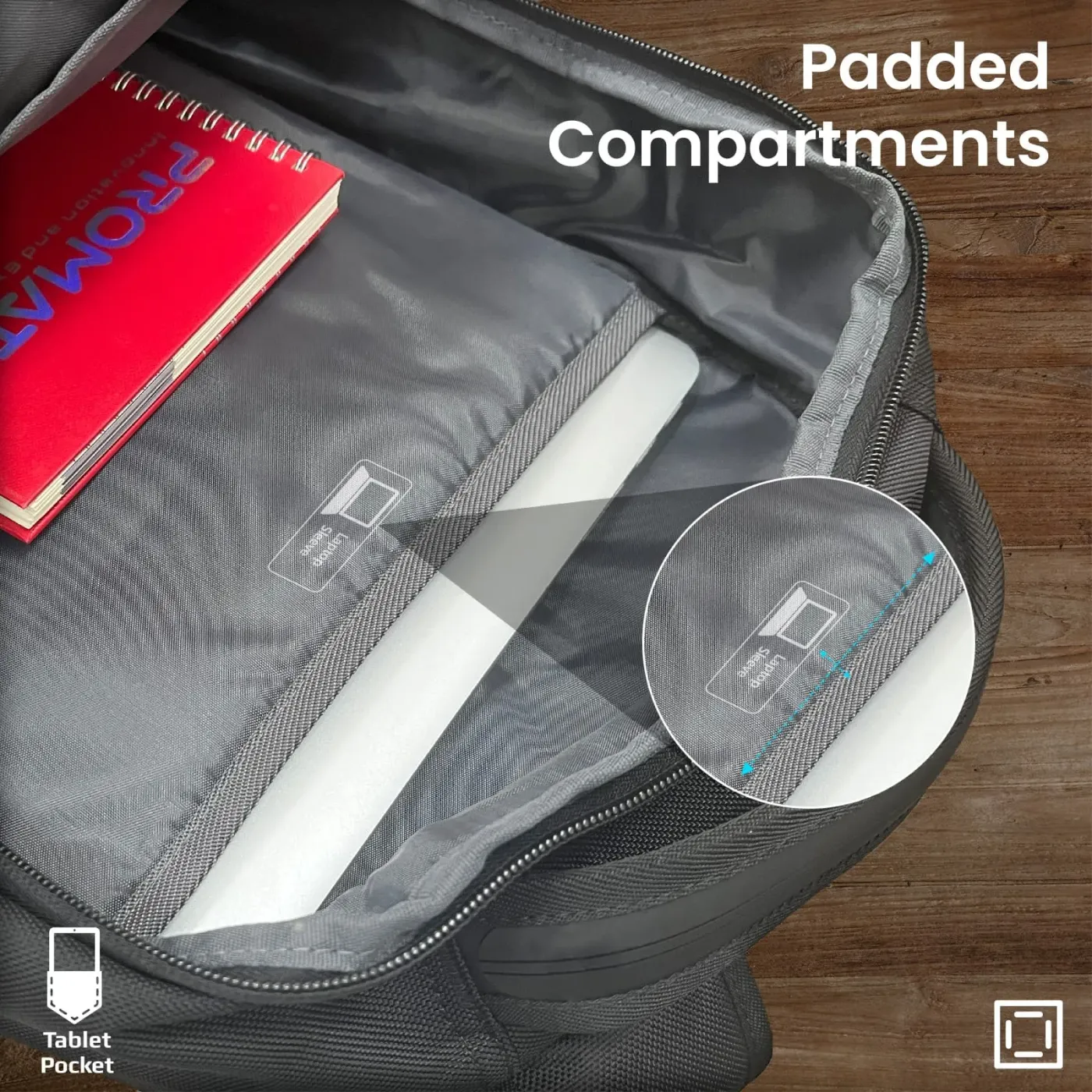 Open main compartment of the Promate ElitePack-Lite showing its internal divisions