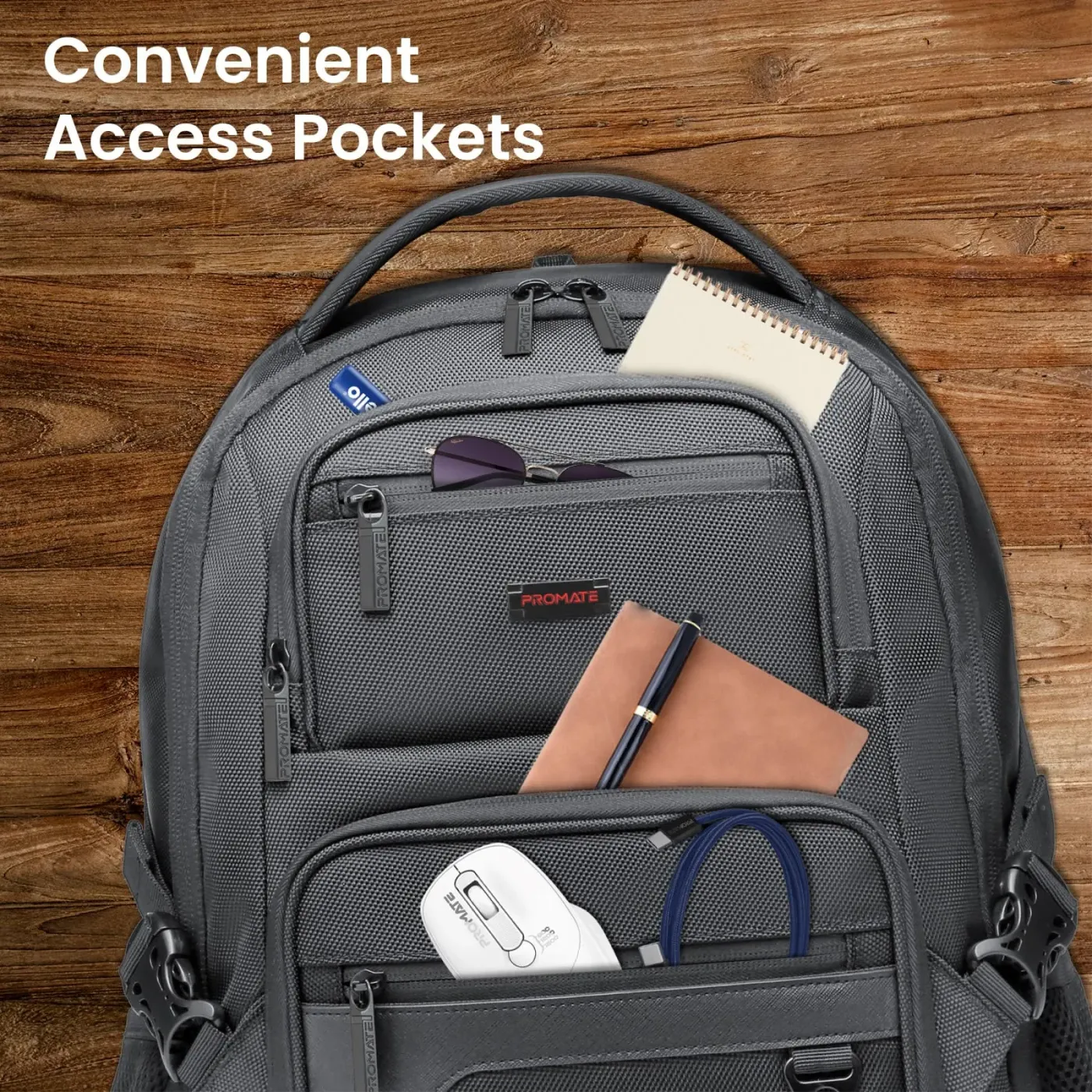 Zip pulls and weather-resistant finish on the Promate ElitePack-Lite backpack