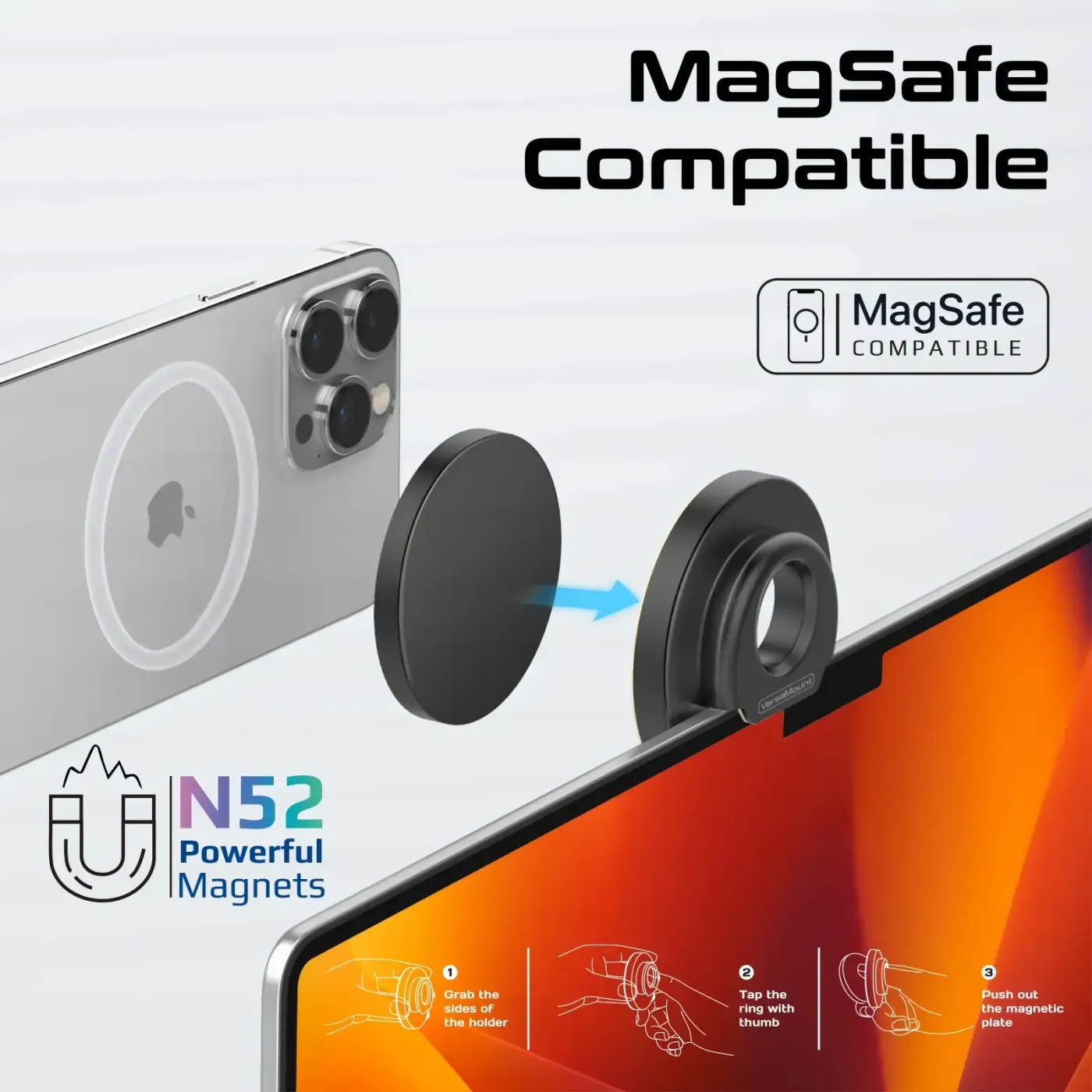 MagSafe-enabled iPhone attaching magnetically to the Promate VersaMount