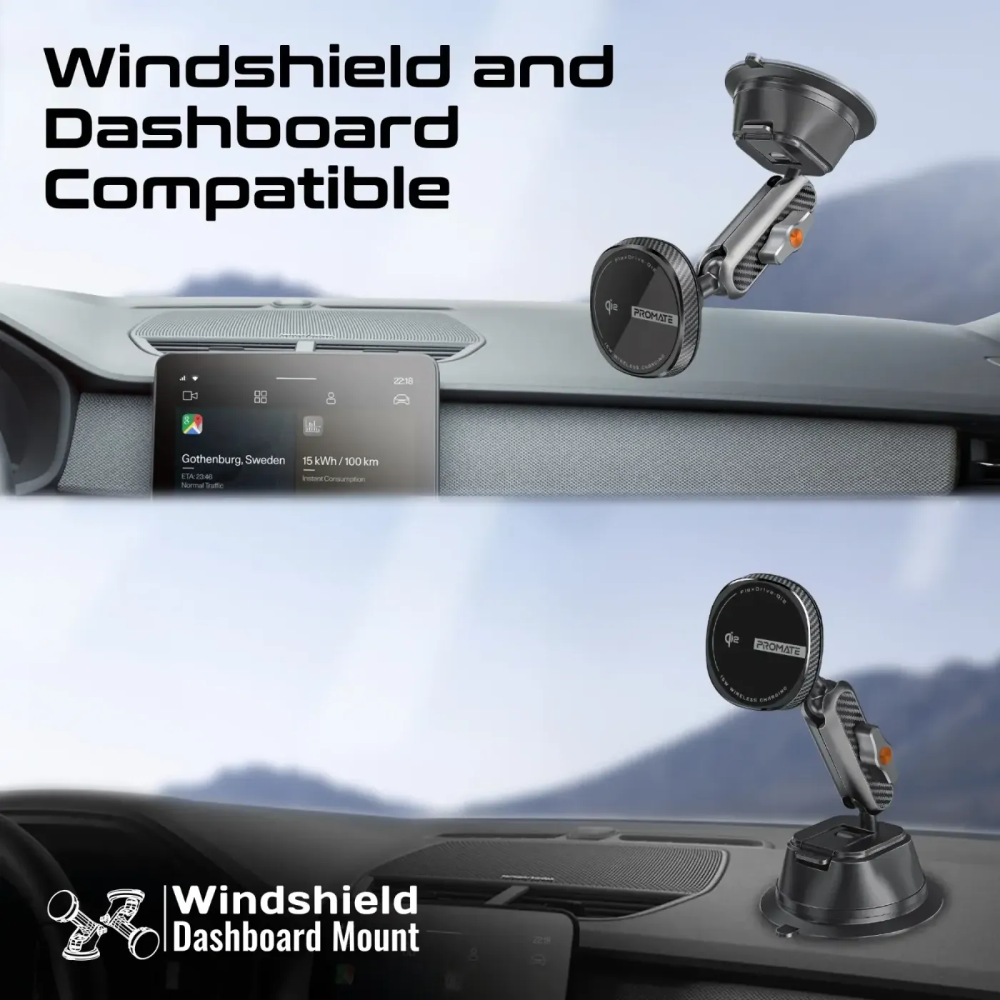 FlexDrive-Qi2 mounted on a car dashboard next to the windshield