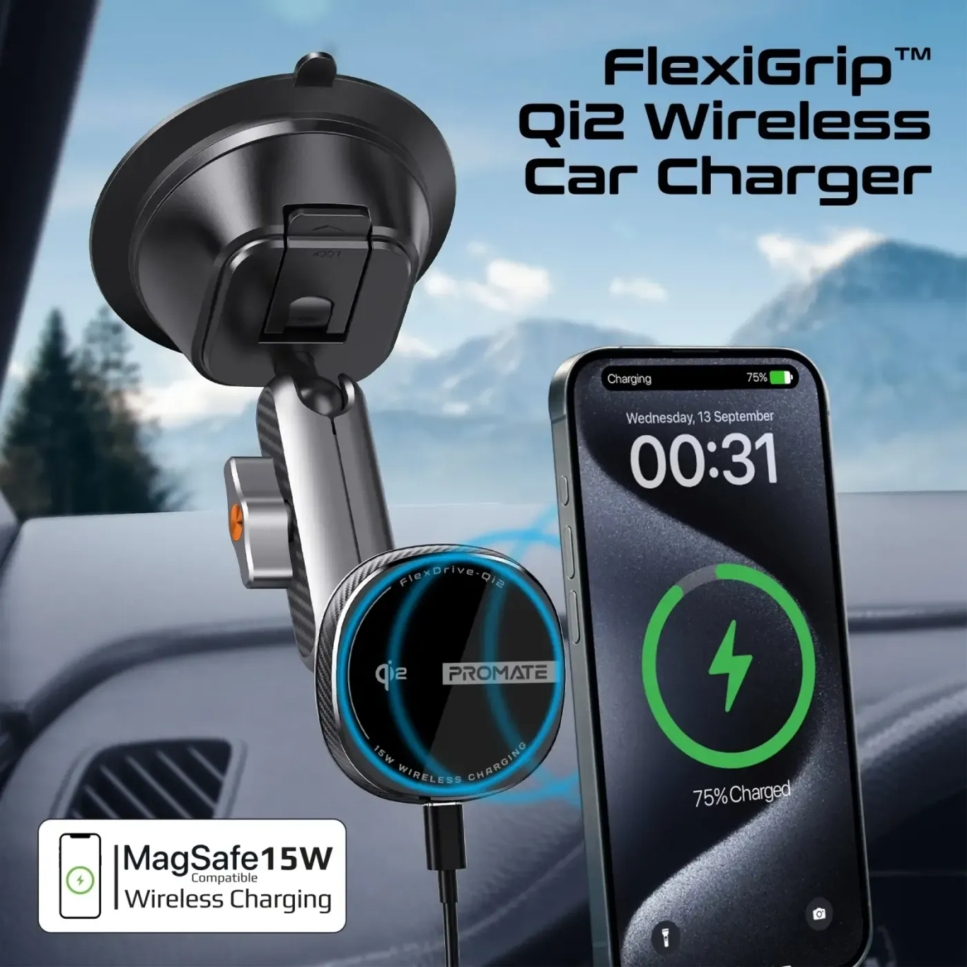 Close view of the Qi2 certified charging surface on the FlexDrive-Qi2