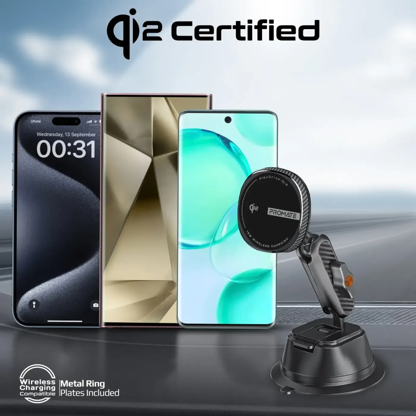 FlexDrive-Qi2 charger with its 1m cable and metal ring adapter