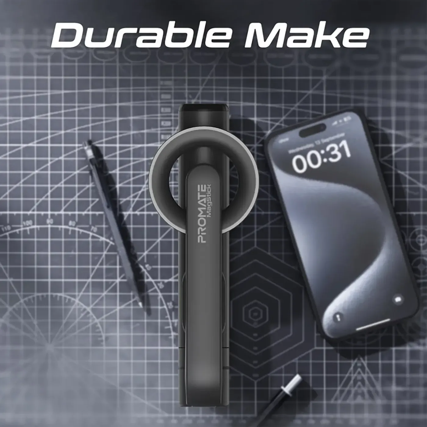 Promate MagStick selfie stick extended to full telescopic length with a phone mounted