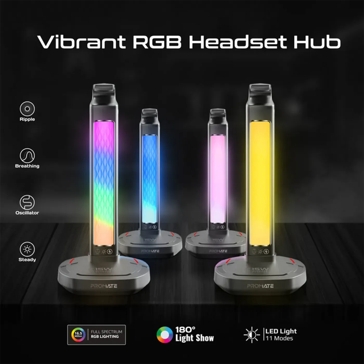 Promate FortX RGB headset stand holding a headset, with its wireless charging pad and USB hub visible