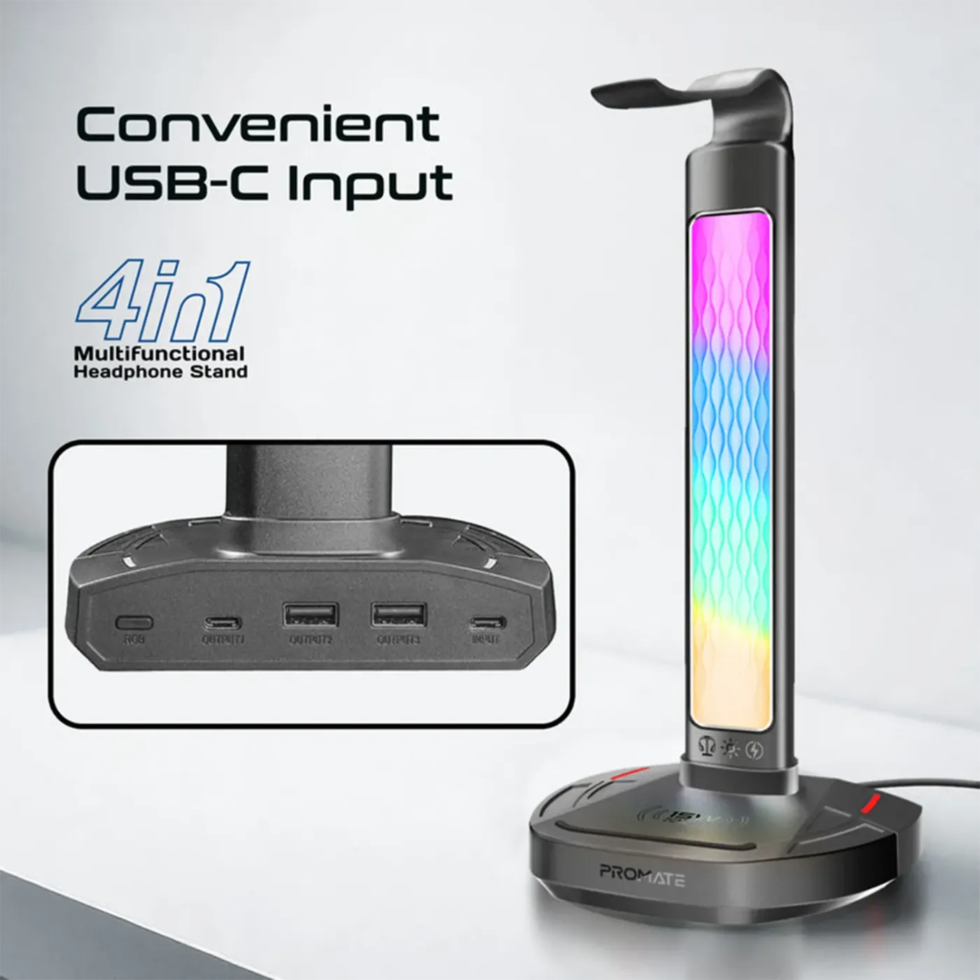 Promate FortX headset stand with a device charging on its wireless charging pad