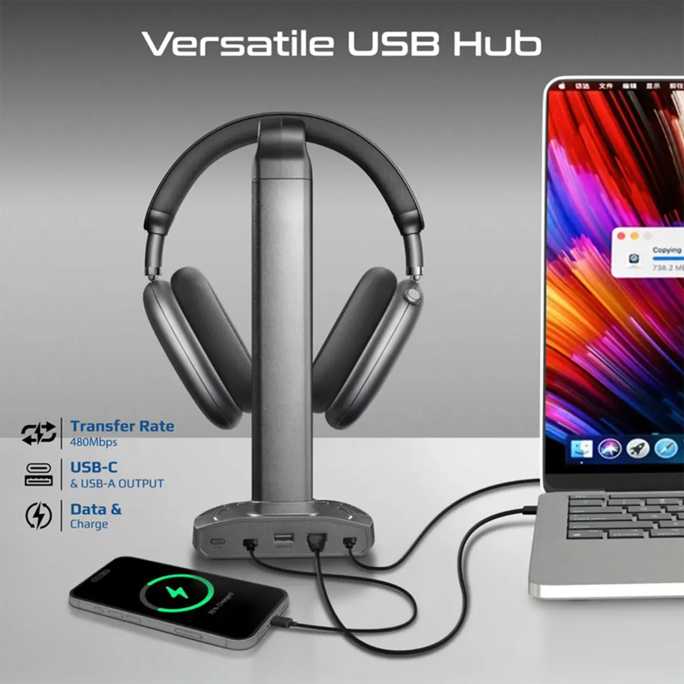 The USB-C and two USB-A ports built into the side of the Promate FortX stand