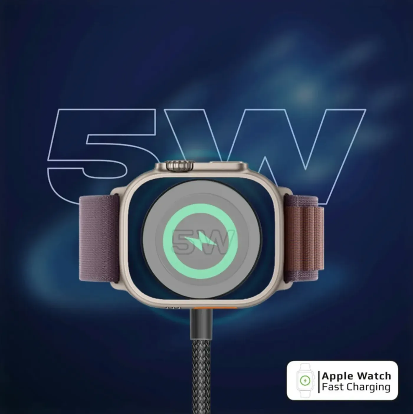 Magnetic Apple Watch charger on the blue Fusion-CCW cable
