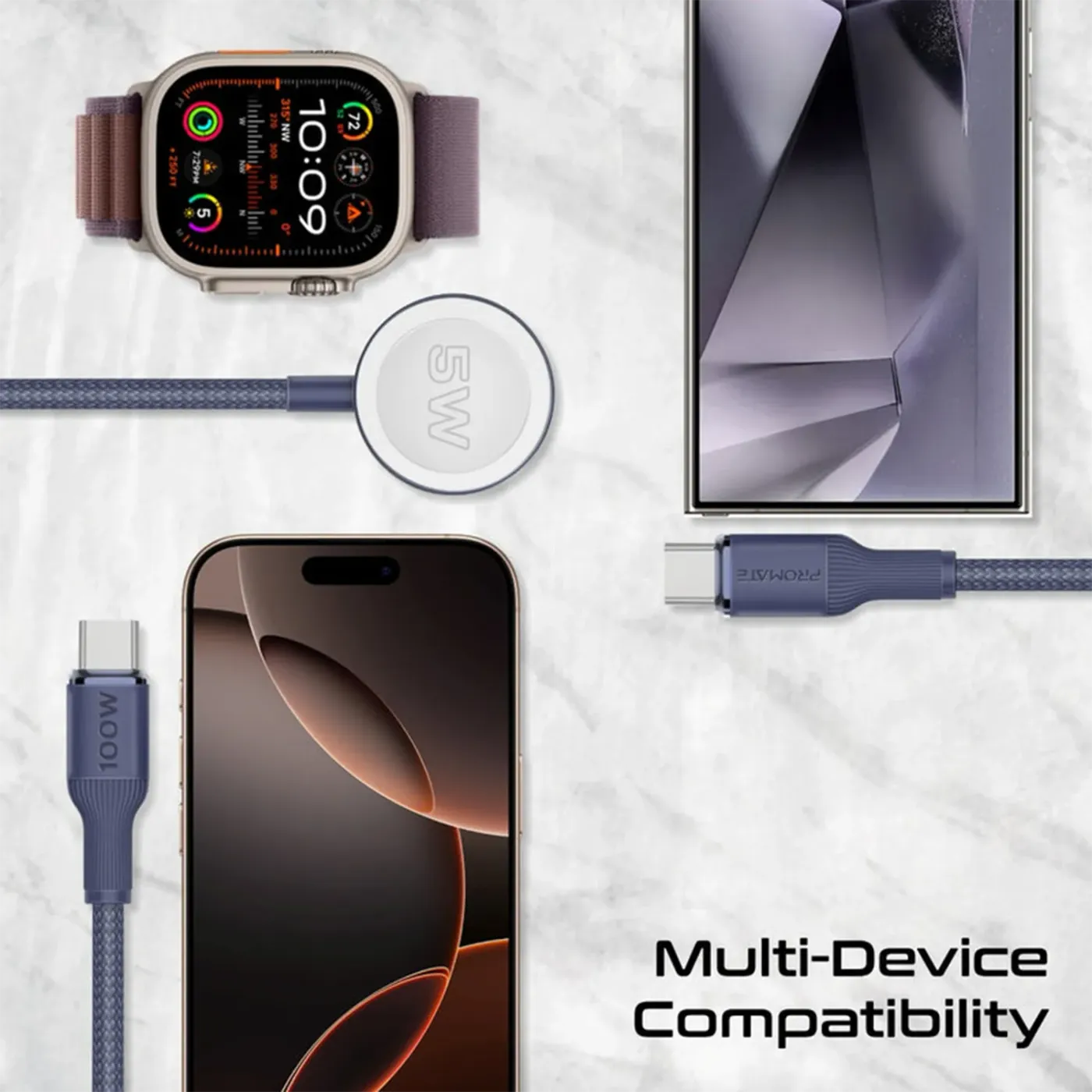 Promate Fusion-CCW multi-device charging cable in blue