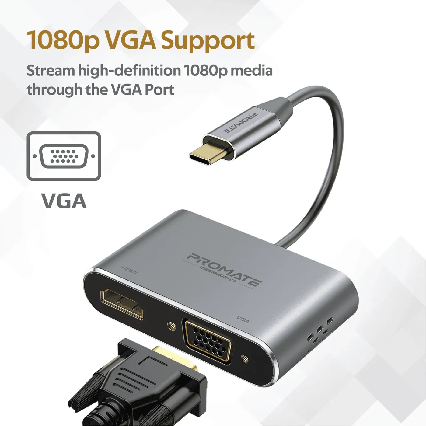 Compact Promate USB-C display adapter beside a laptop in a meeting room