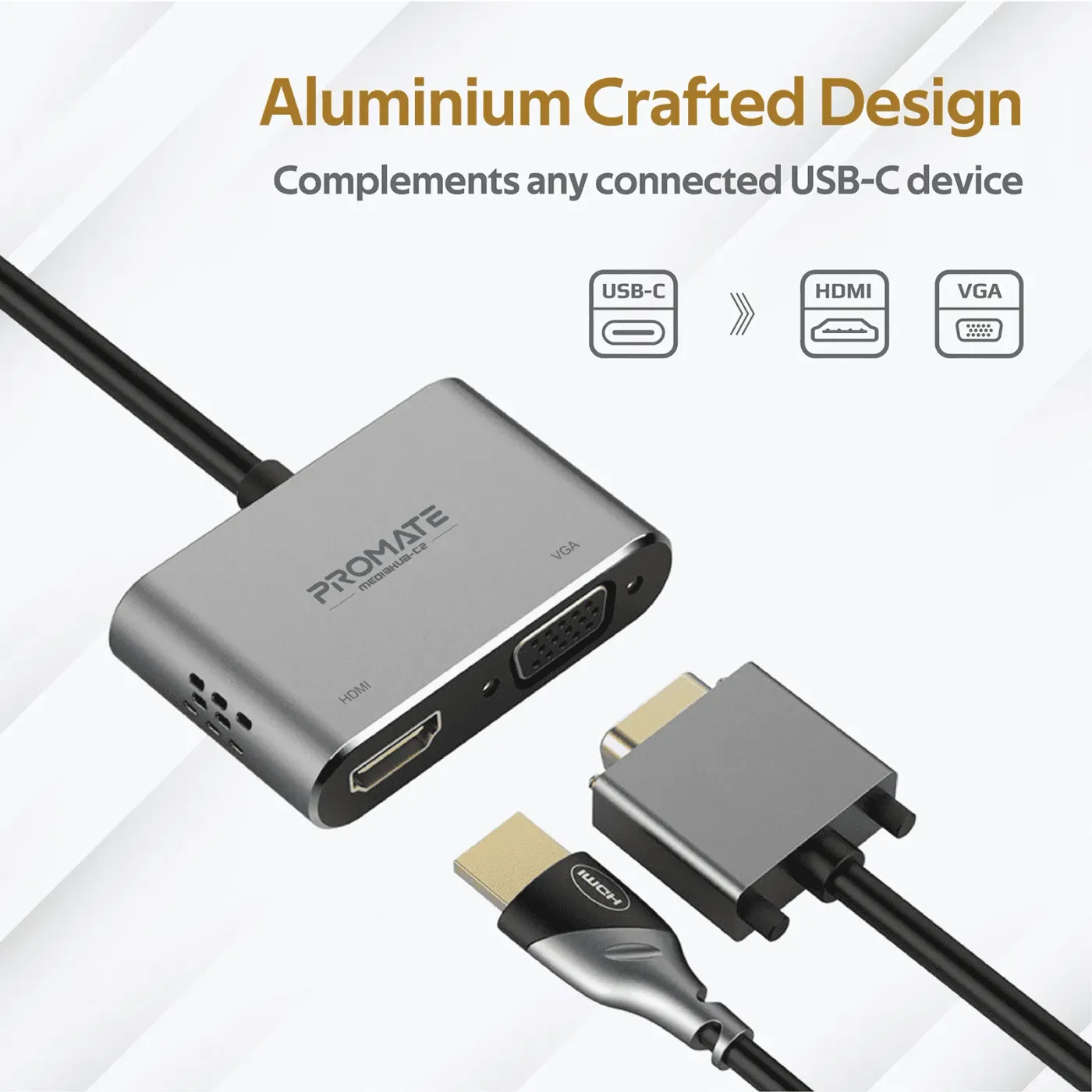 Promate USB-C display adapter plugged into a laptop and driving an external screen