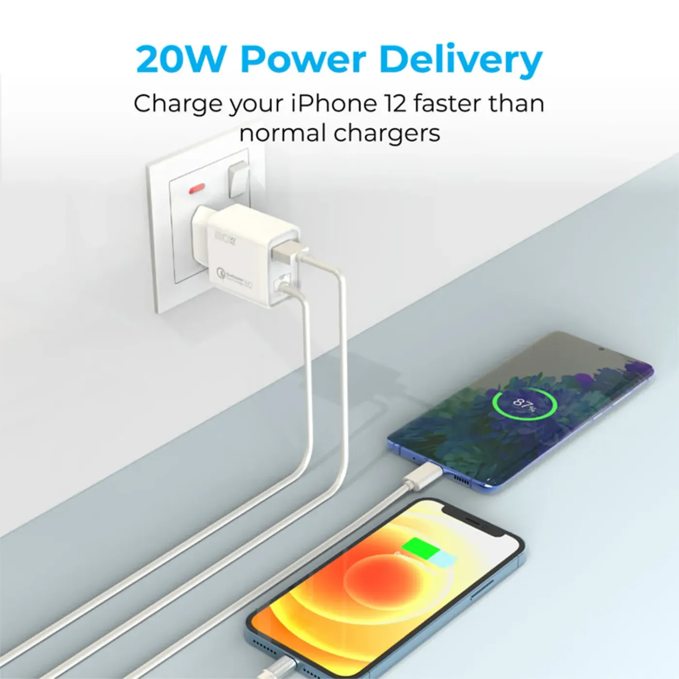 Promate iCharge-PDQC3 wall charger with built-in Lightning cable