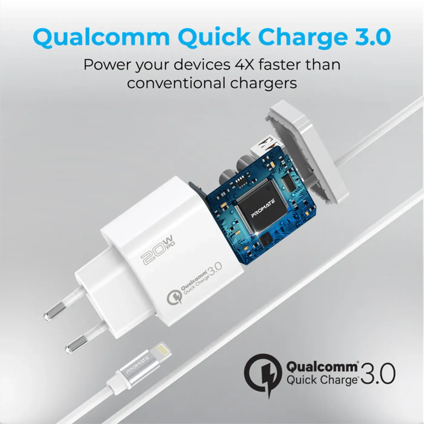 iCharge-PDQC3 charger plugged into a wall socket charging two devices