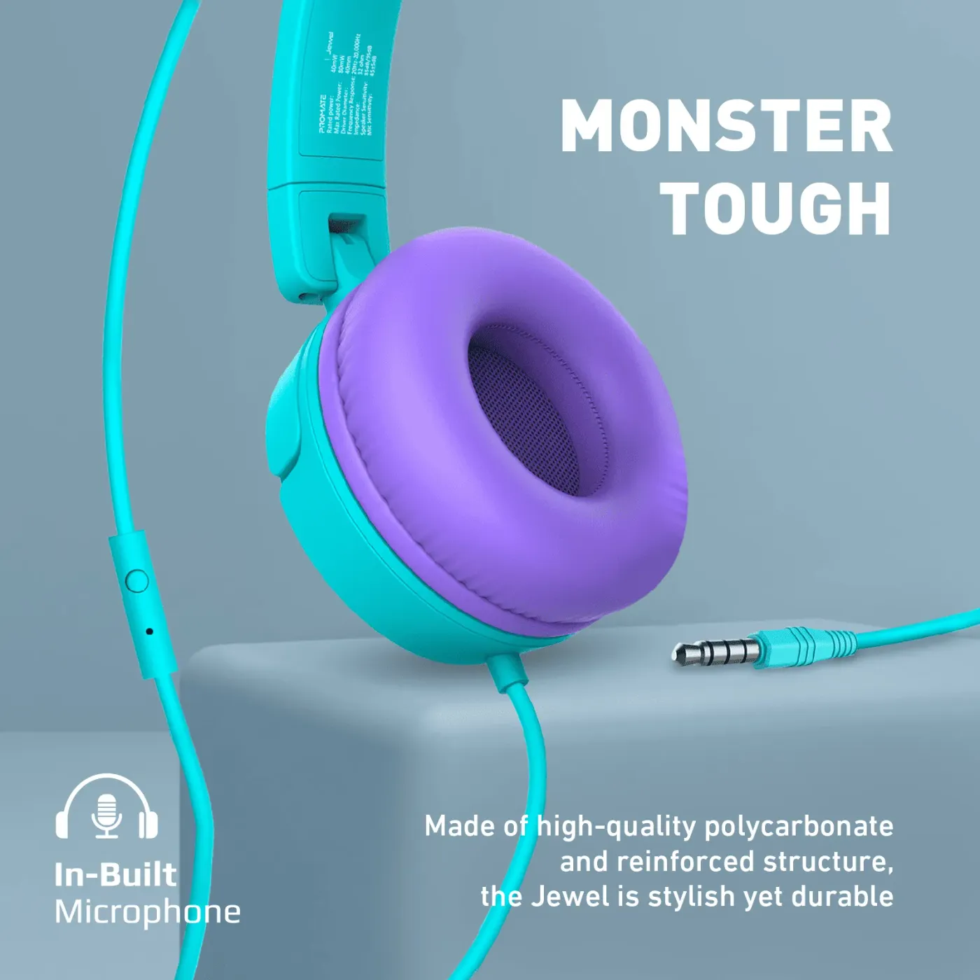 Detachable cat ear accents on the headband of the aqua Promate Jewel headset