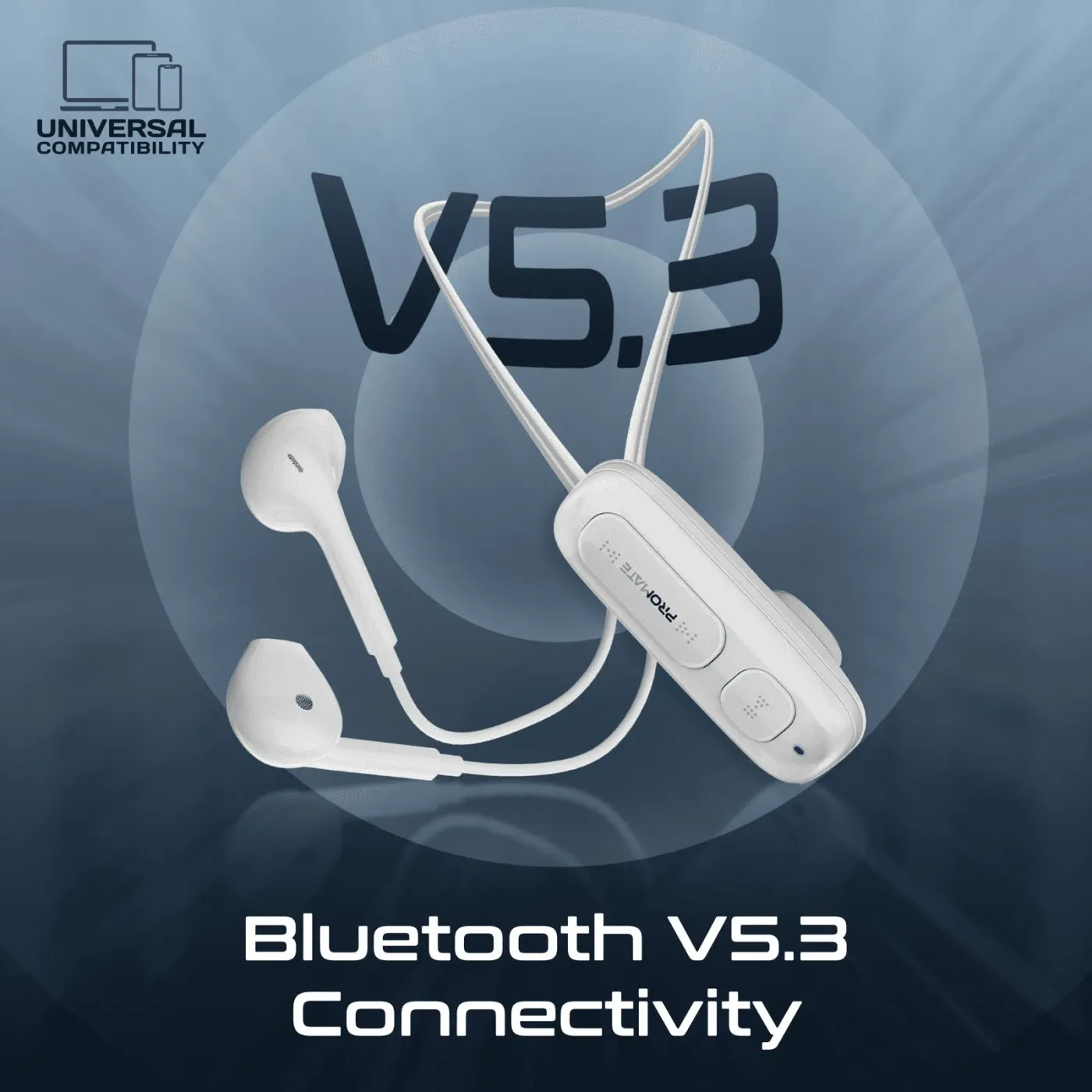 Design detail of the white Promate Latch earphones and their slim battery module