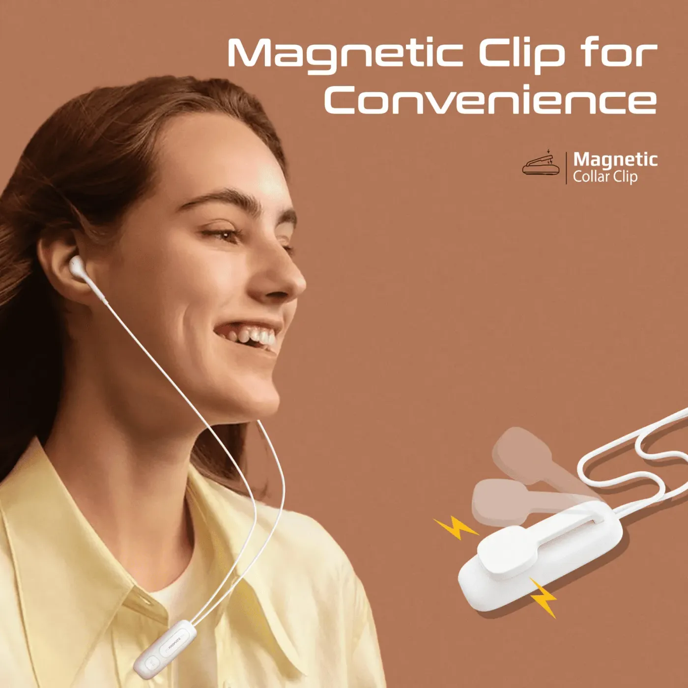 Promate Latch white earphones displayed with their accessories