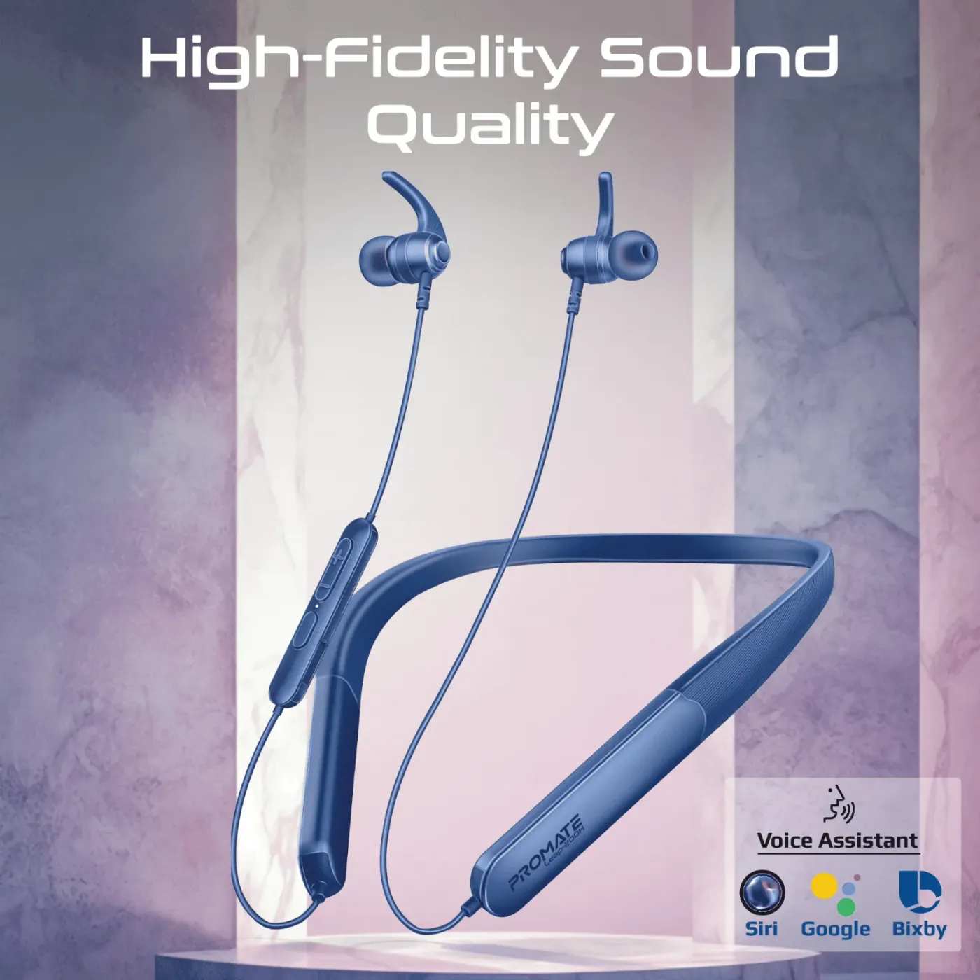 Promate Leap-200H SportFit wireless earphones in blue with the neckband shown in full