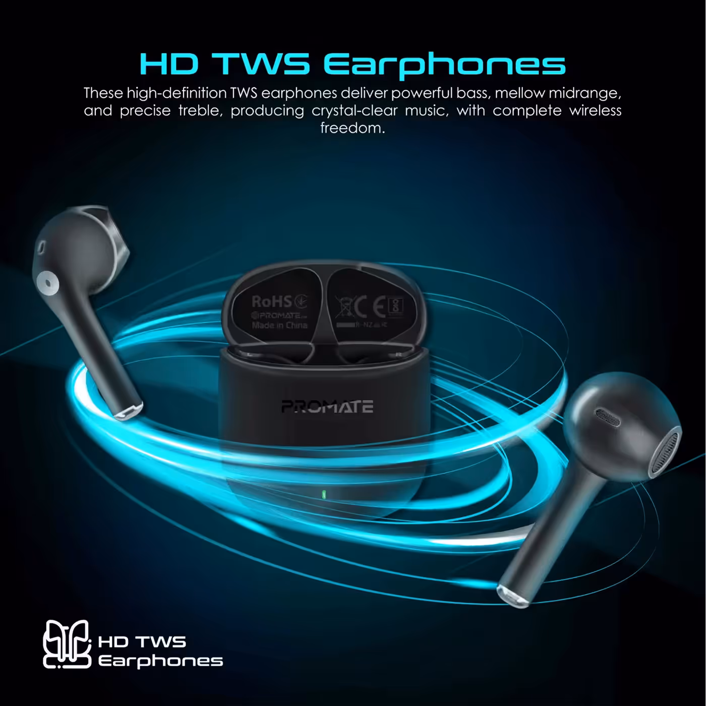 Promate Lima high-definition TWS wireless earbuds in black with charging case