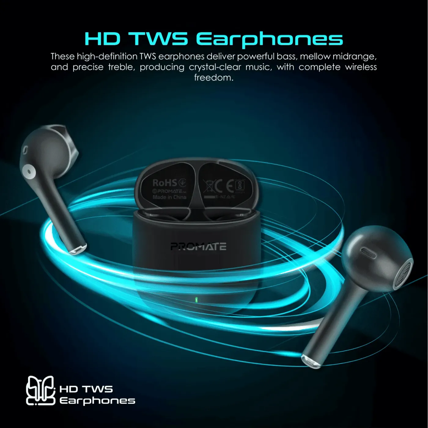 Promate Lima high-definition TWS wireless earbuds in black with charging case