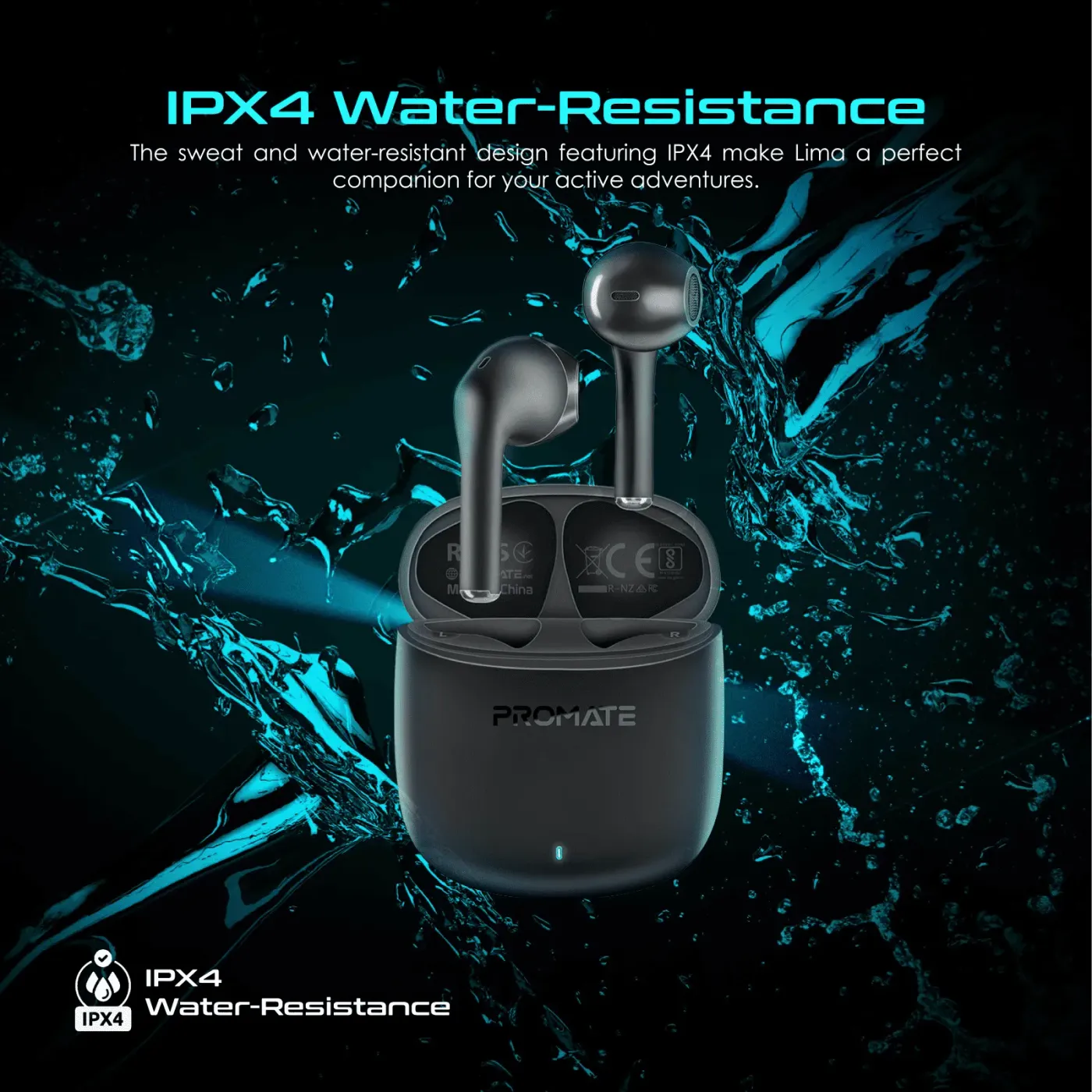 Promate Lima earbuds charging inside their 300mAh black case