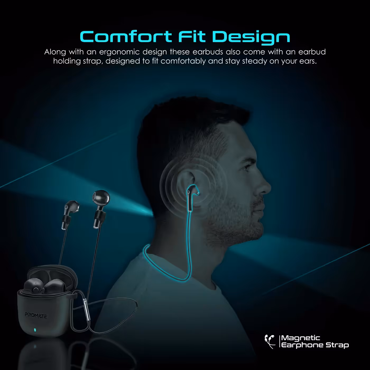 Black Promate Lima earbuds shown with water droplets on the sealed shell