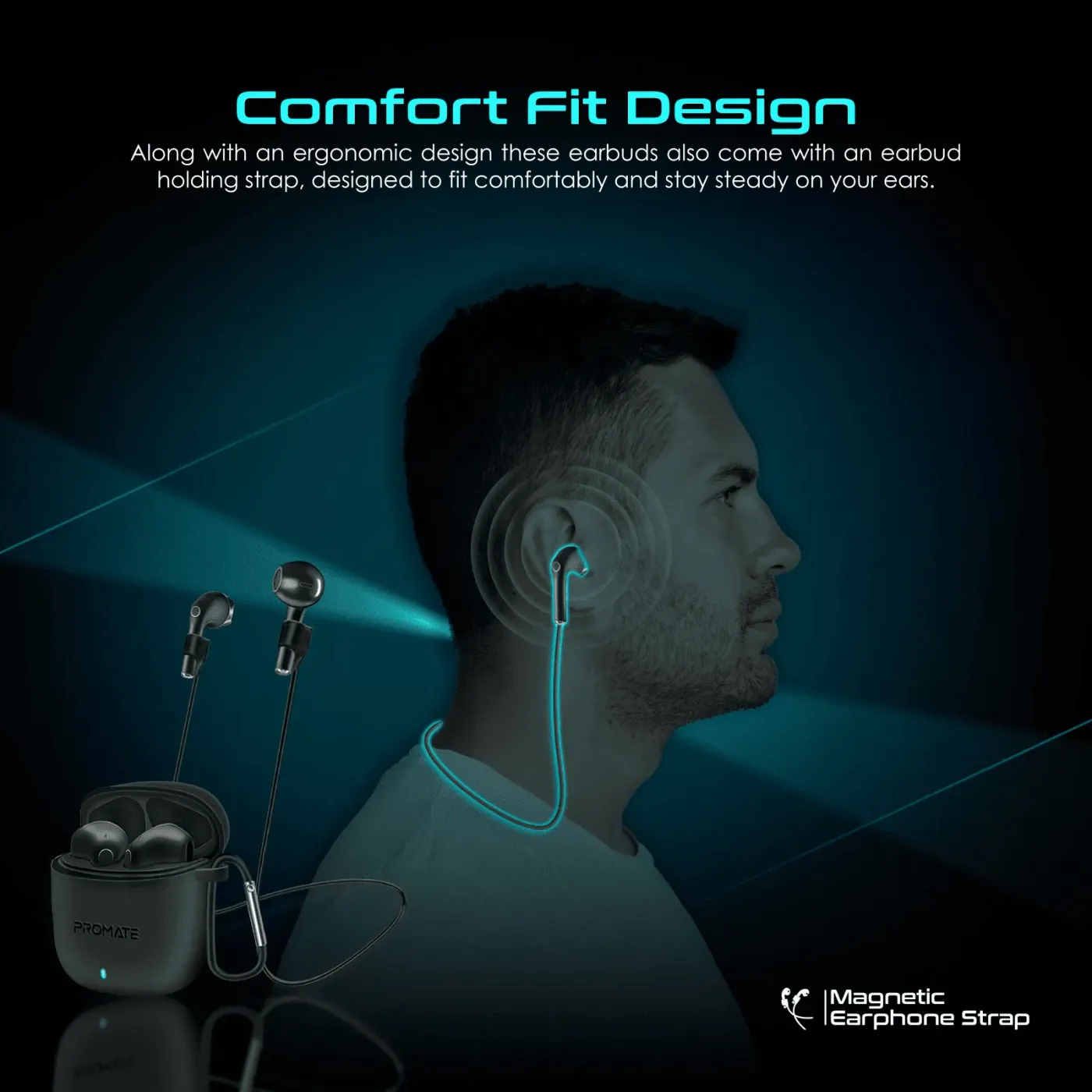 Black Promate Lima earbuds shown with water droplets on the sealed shell
