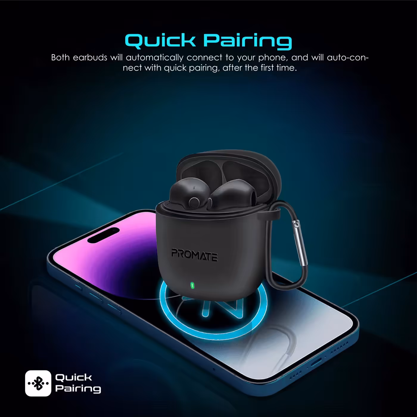 Promate Lima charging case in its soft silicone cover with the magnetic earbud strap
