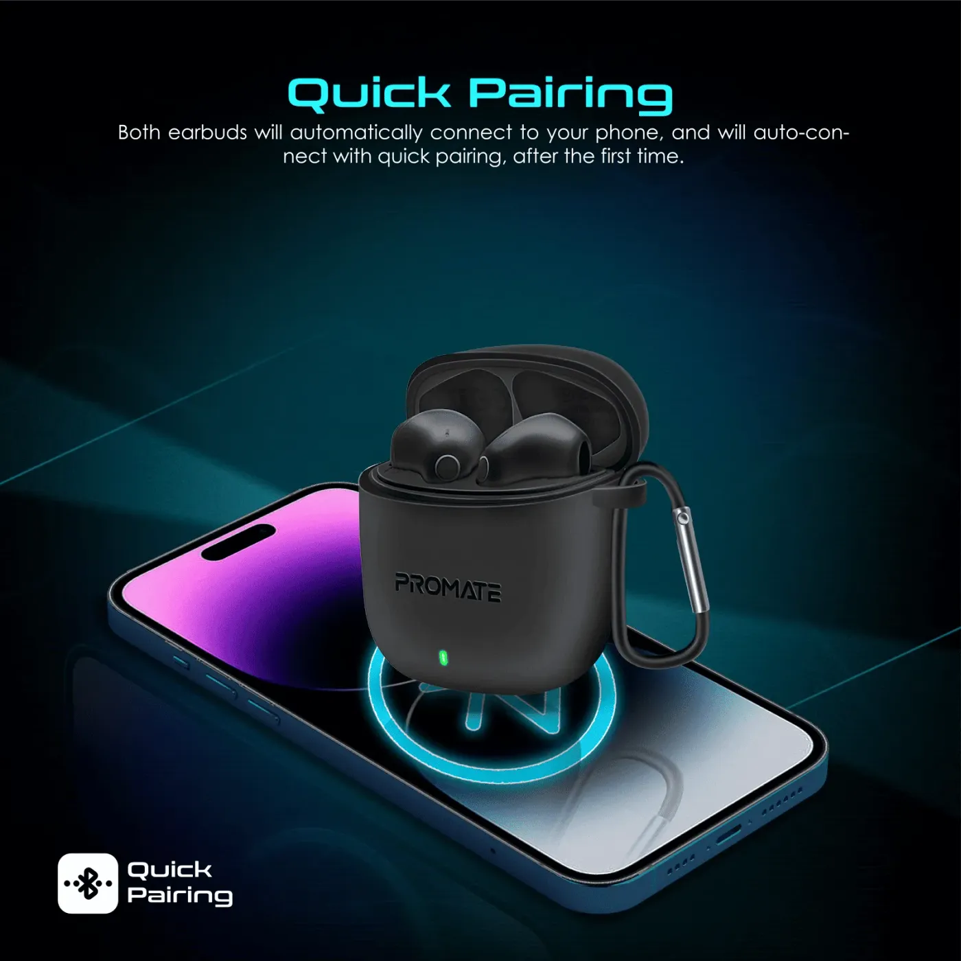 Promate Lima charging case in its soft silicone cover with the magnetic earbud strap