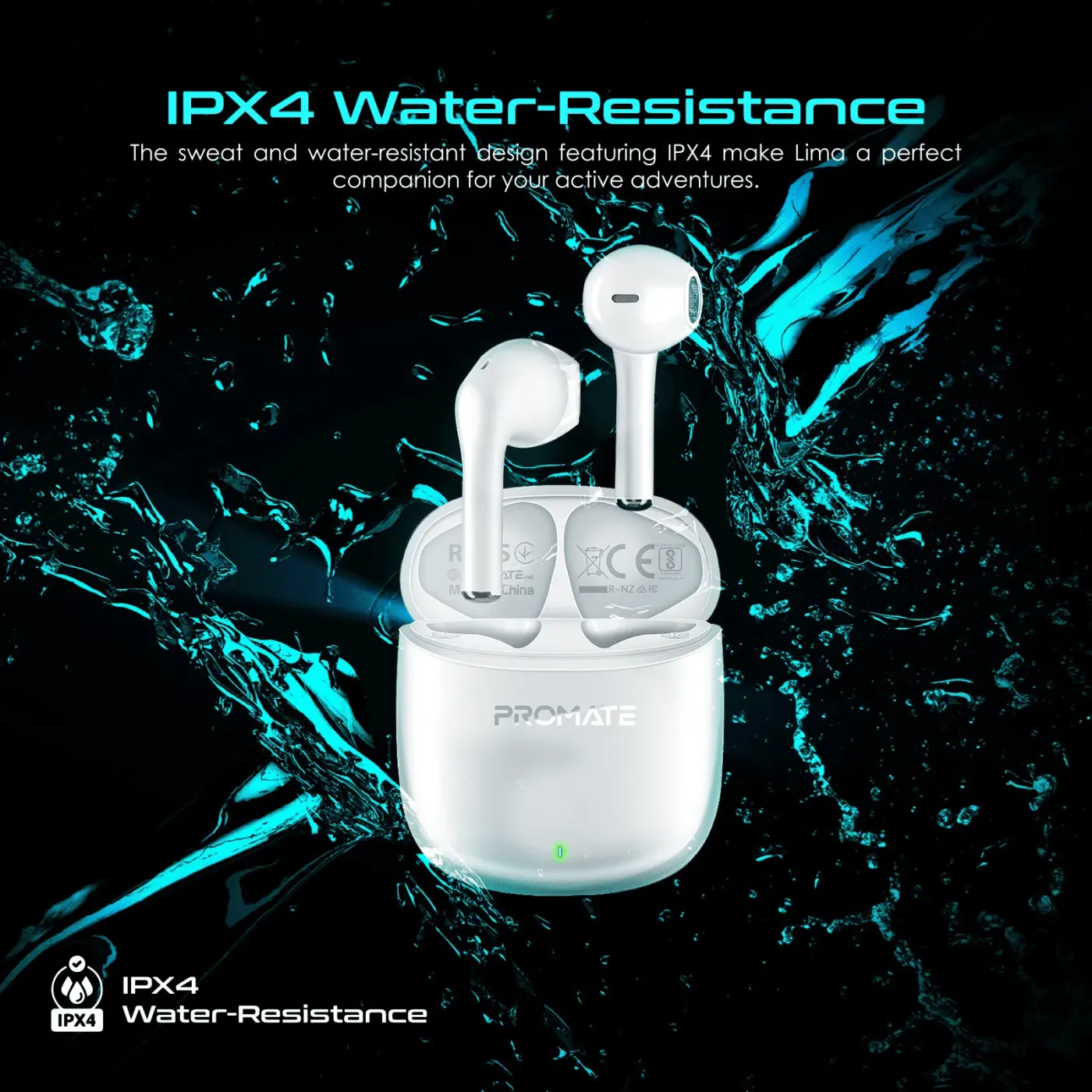 White Promate Lima earbuds docked in their 300mAh charging case